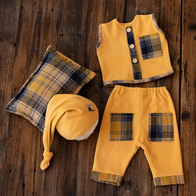 Baby Boy Plaid Cool Outfit Set - Newborn Photography Props - Image 3